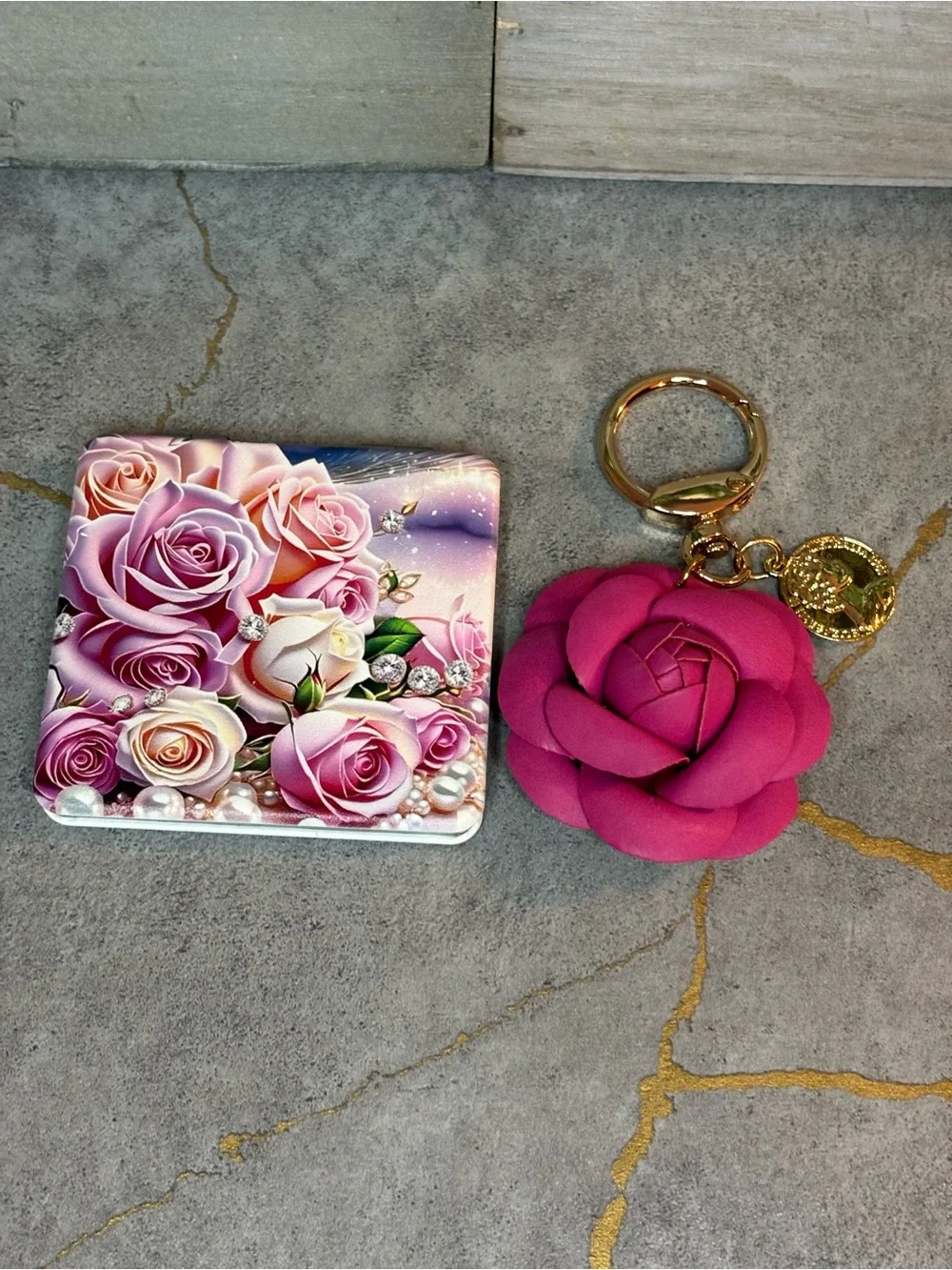Pink Rose Key & Card Holder Set with Floral Compact and Rose Keyring